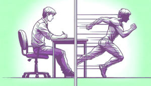 Illustration d'une personnes sédentaire à son bureau et une personne qui fait une activité sportive