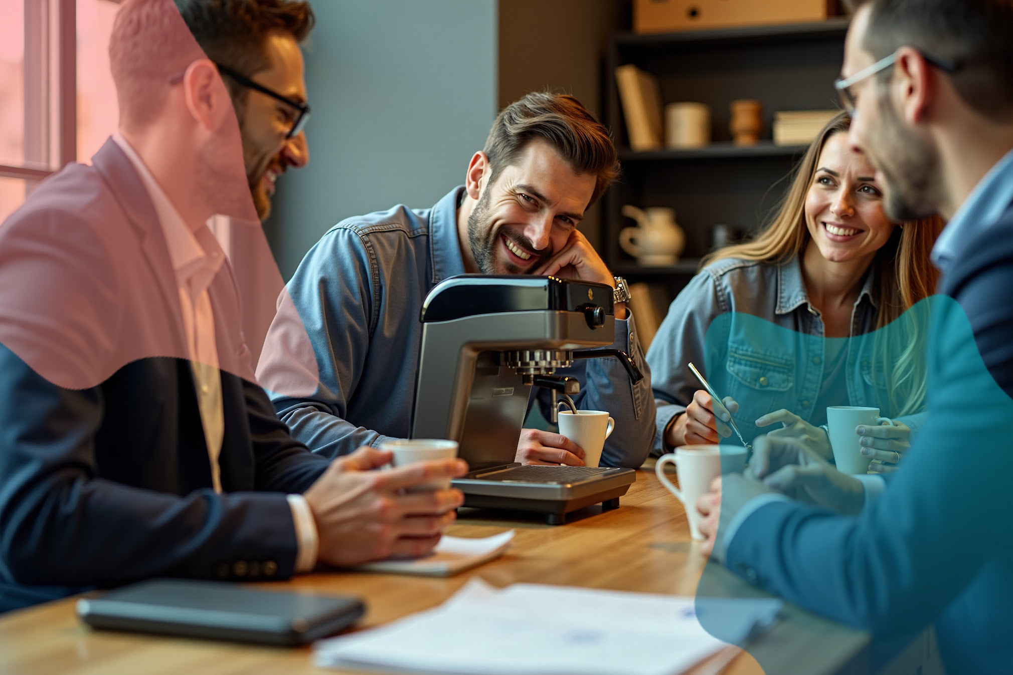 Collègues heureux à la machine à café